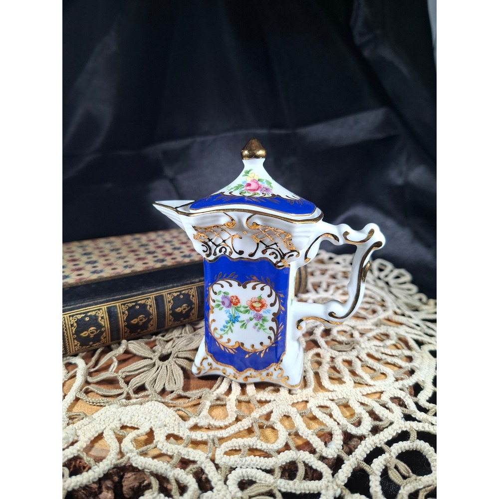 Vintage Miniature Porcelain Chocolate Pot Cobalt Blue Gold Floral Gilt Teapot
